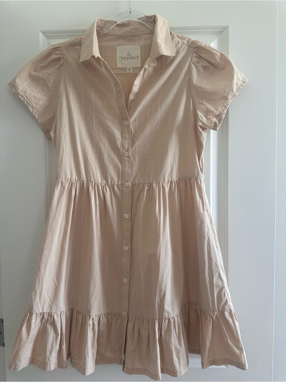 Le Marais Rosemary Dress 100% Cotton Beige Button Front Tiered Dress